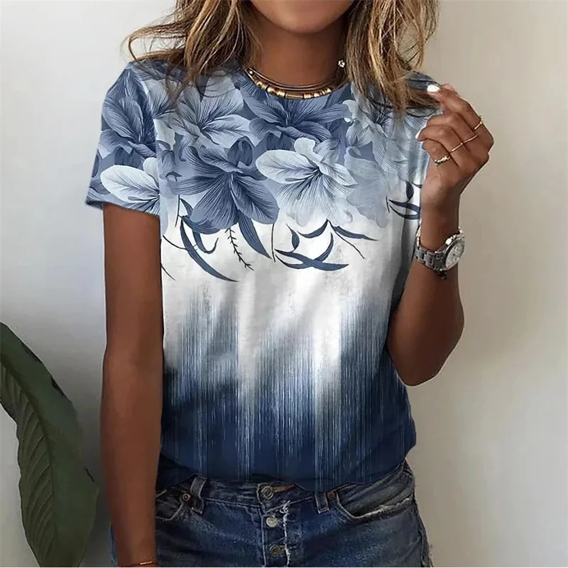 Floral Plants Pattern T-Shirt For Women Flower 3D Printed T Shirts Summer Casual Round Neck Tops Short Sleeves Oversized Tees