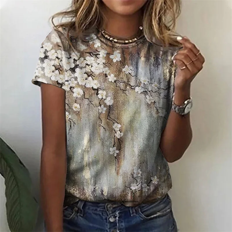 Floral Plants Pattern T-Shirt For Women Flower 3D Printed T Shirts Summer Casual Round Neck Tops Short Sleeves Oversized Tees