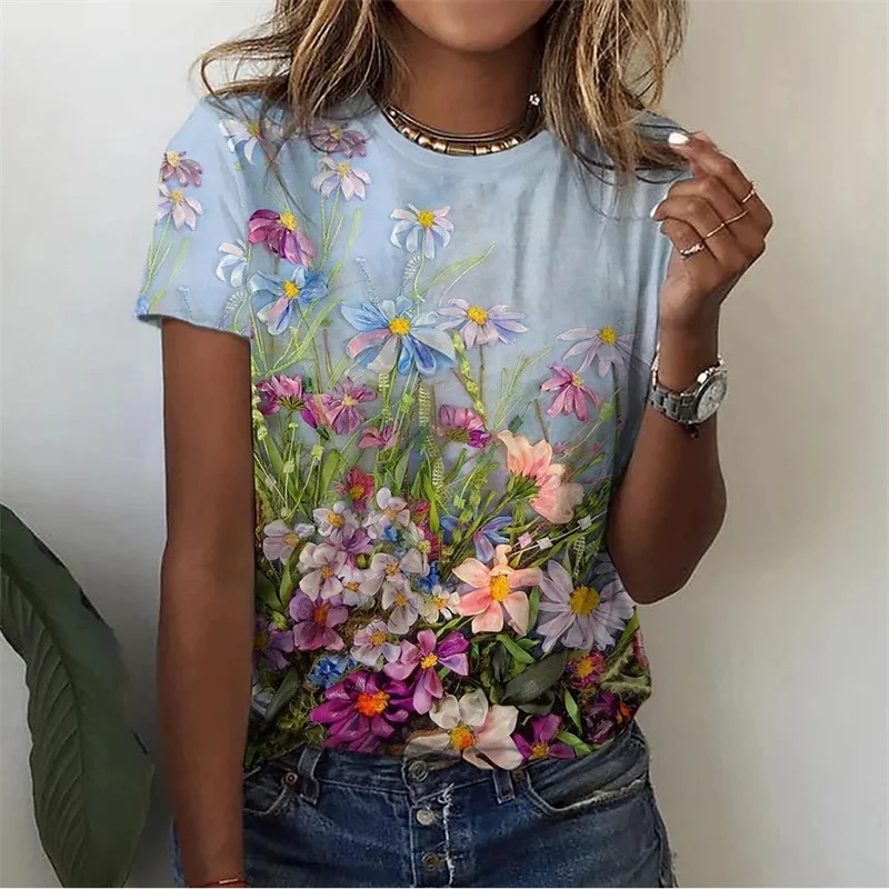 Floral Plants Pattern T-Shirt For Women Flower 3D Printed T Shirts Summer Casual Round Neck Tops Short Sleeves Oversized Tees