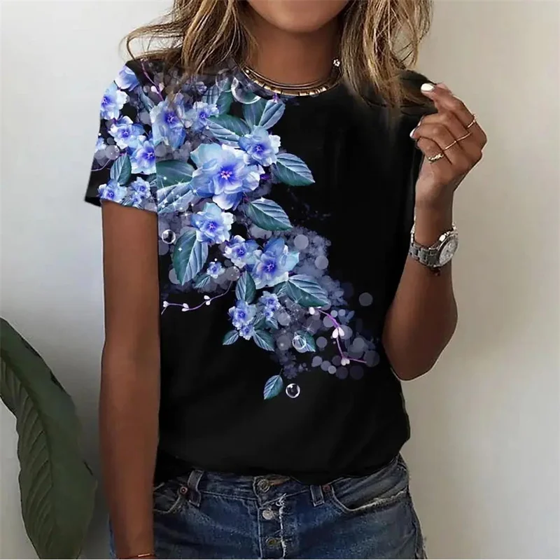 Floral Plants Pattern T-Shirt For Women Flower 3D Printed T Shirts Summer Casual Round Neck Tops Short Sleeves Oversized Tees