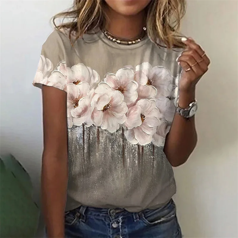 Floral Plants Pattern T-Shirt For Women Flower 3D Printed T Shirts Summer Casual Round Neck Tops Short Sleeves Oversized Tees