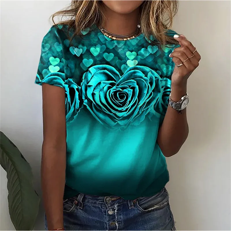 Floral Plants Pattern T-Shirt For Women Flower 3D Printed T Shirts Summer Casual Round Neck Tops Short Sleeves Oversized Tees