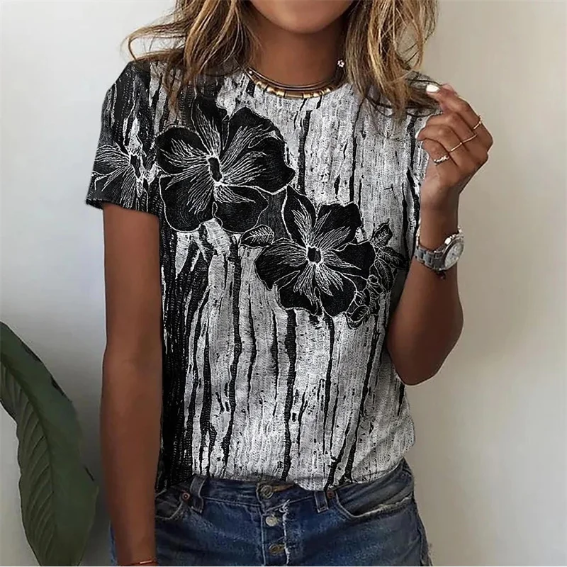 Floral Plants Pattern T-Shirt For Women Flower 3D Printed T Shirts Summer Casual Round Neck Tops Short Sleeves Oversized Tees