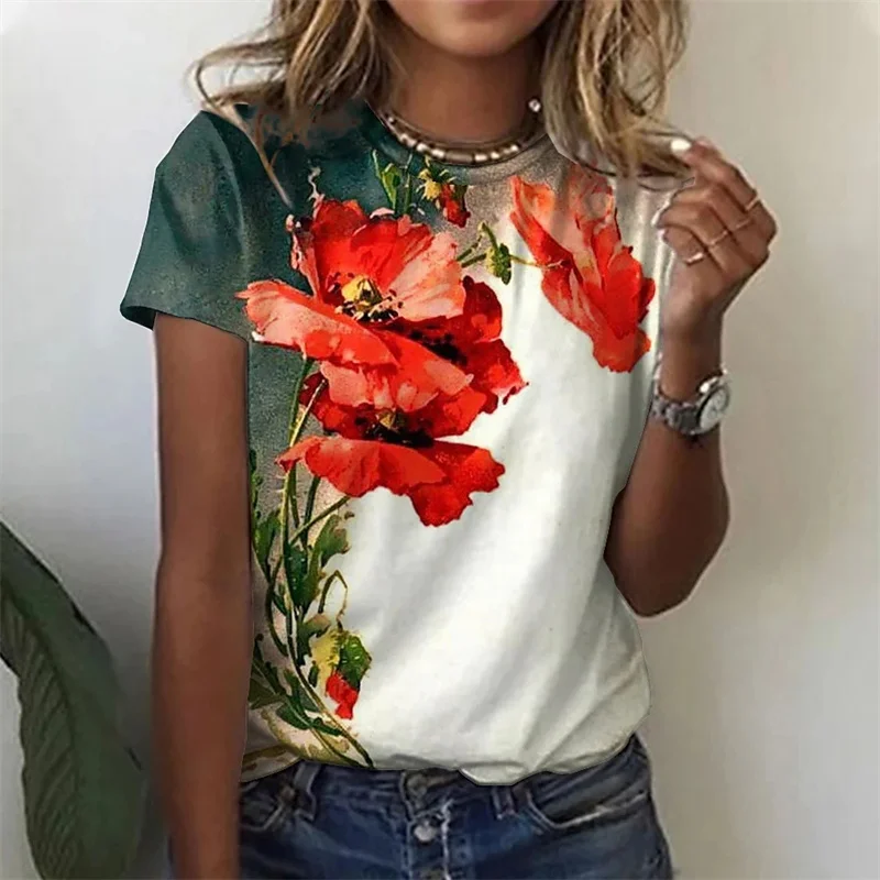 Floral Plants Pattern T-Shirt For Women Flower 3D Printed T Shirts Summer Casual Round Neck Tops Short Sleeves Oversized Tees