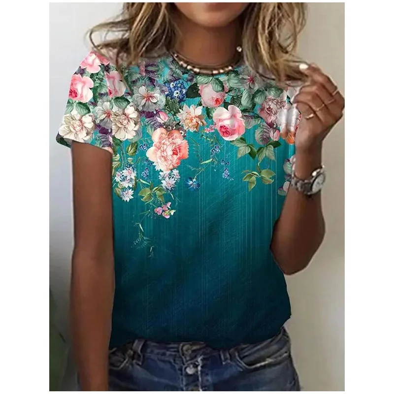 Floral Plants Pattern T-Shirt For Women Flower 3D Printed T Shirts Summer Casual Round Neck Tops Short Sleeves Oversized Tees