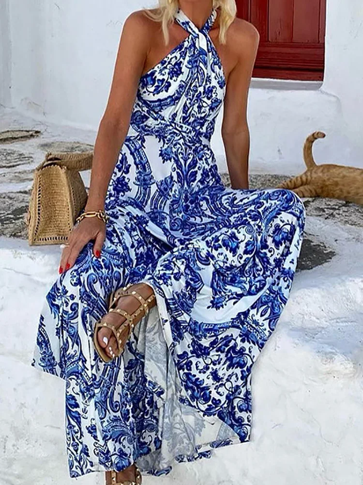 Halter Patchwork Fashion Elegant Party Dress, Women Summer Printing Sleeveless Maxi Dress, 2024 New Simple Backless Ladies Dress