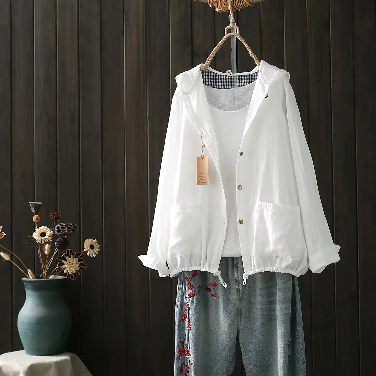 100% Cotton Yarn Shirts Large Size Tops Women Japan Style Hooded Long Sleeve Shirts and Blouses Loose Hoodies Outwear