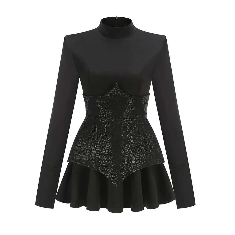 Sexy Long Sleeves Waist Sparkle Diamonds A-line Dress Women Black Patchwork Luxury Crystal Mini Dresses Celebrity Party Evening