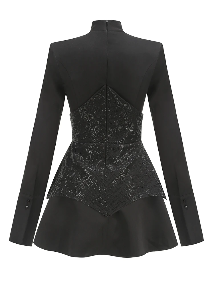 Sexy Long Sleeves Waist Sparkle Diamonds A-line Dress Women Black Patchwork Luxury Crystal Mini Dresses Celebrity Party Evening