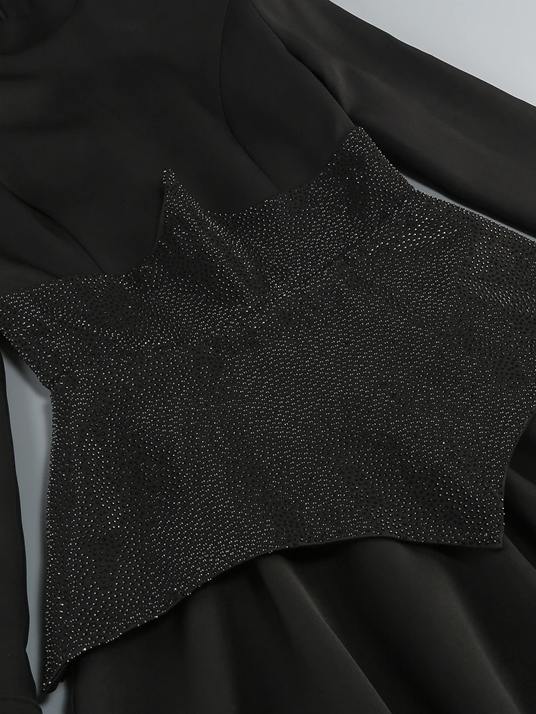 Sexy Long Sleeves Waist Sparkle Diamonds A-line Dress Women Black Patchwork Luxury Crystal Mini Dresses Celebrity Party Evening