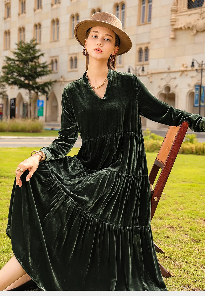 2026 Autunm and Winter women long sleeve velvet dress,Fashion elegant long maxi ruffled pleated velour dress party Vestidos