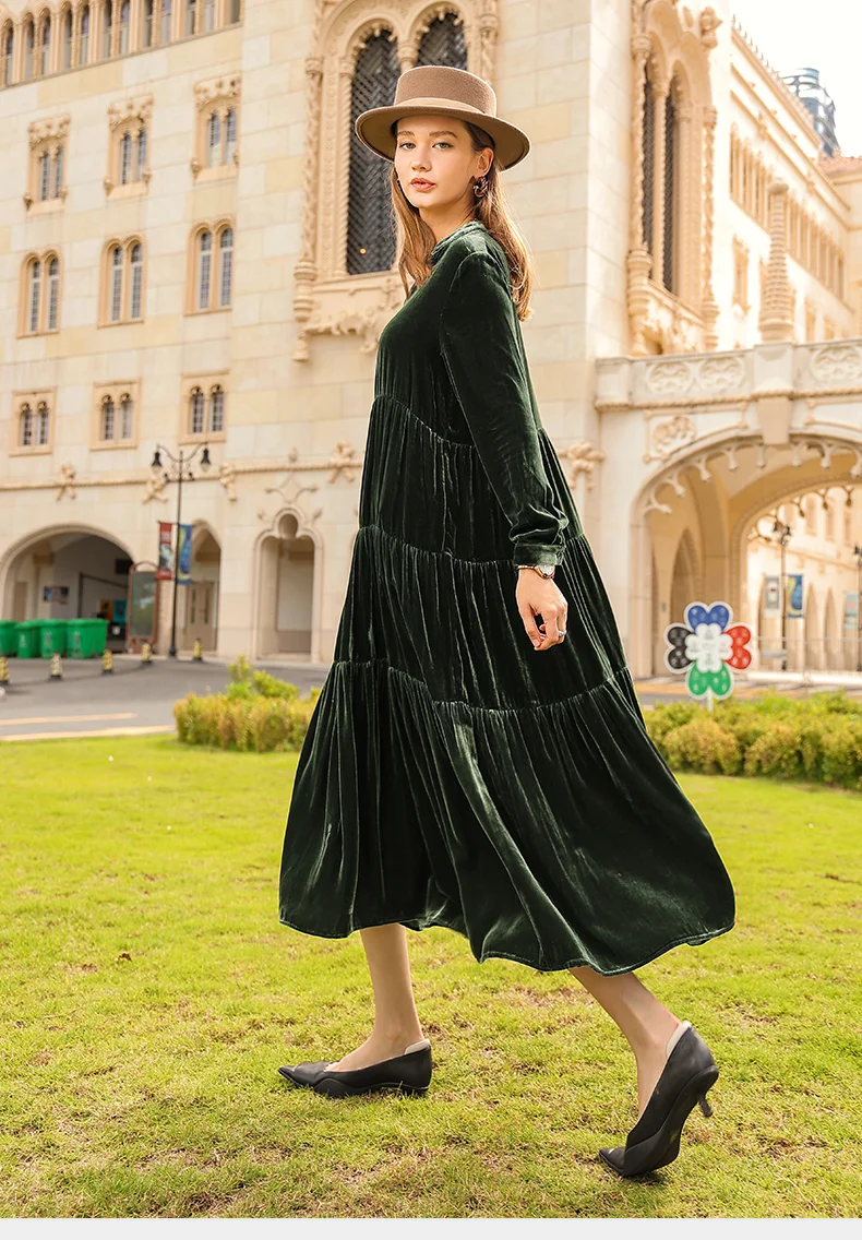 2026 Autunm and Winter women long sleeve velvet dress,Fashion elegant long maxi ruffled pleated velour dress party Vestidos