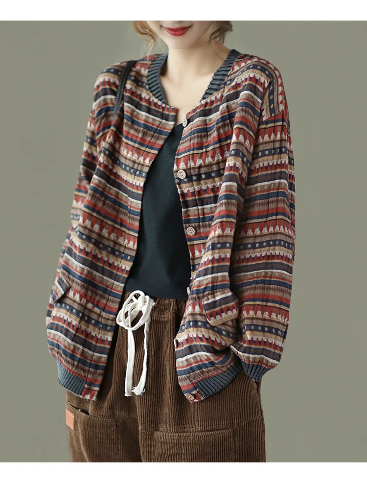 Amax LuluE 2025 Summer Womens Striped Jackets Japan Style Linen Printed Coats Ladies Vintage Loose Clothes Buttons Basic Jacket