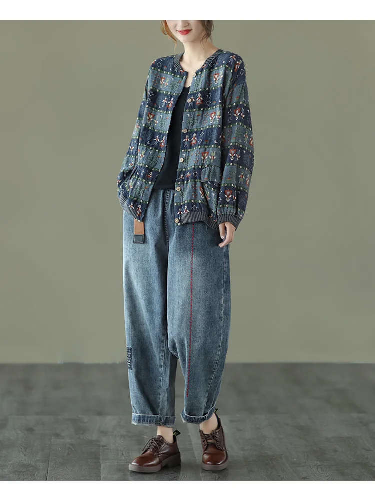 Amax LuluE 2025 Summer Womens Striped Jackets Japan Style Linen Printed Coats Ladies Vintage Loose Clothes Buttons Basic Jacket