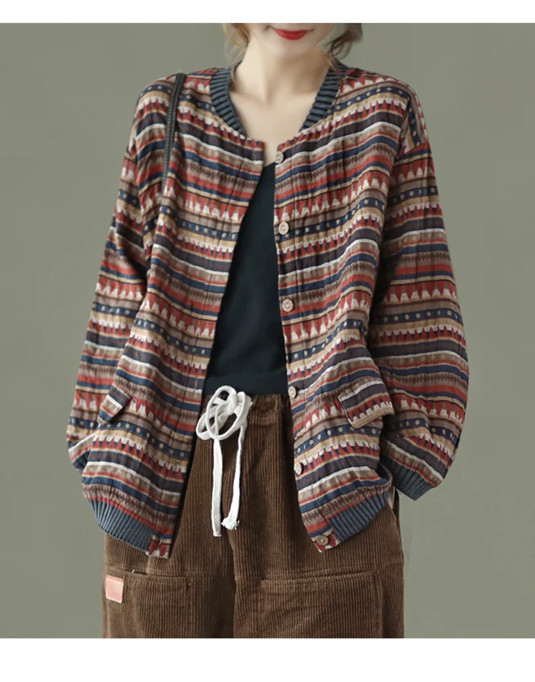 Amax LuluE 2025 Summer Womens Striped Jackets Japan Style Linen Printed Coats Ladies Vintage Loose Clothes Buttons Basic Jacket