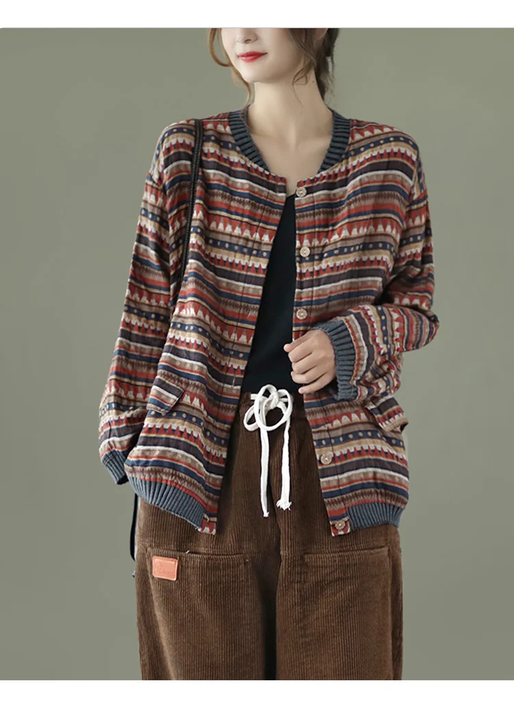 Amax LuluE 2025 Summer Womens Striped Jackets Japan Style Linen Printed Coats Ladies Vintage Loose Clothes Buttons Basic Jacket