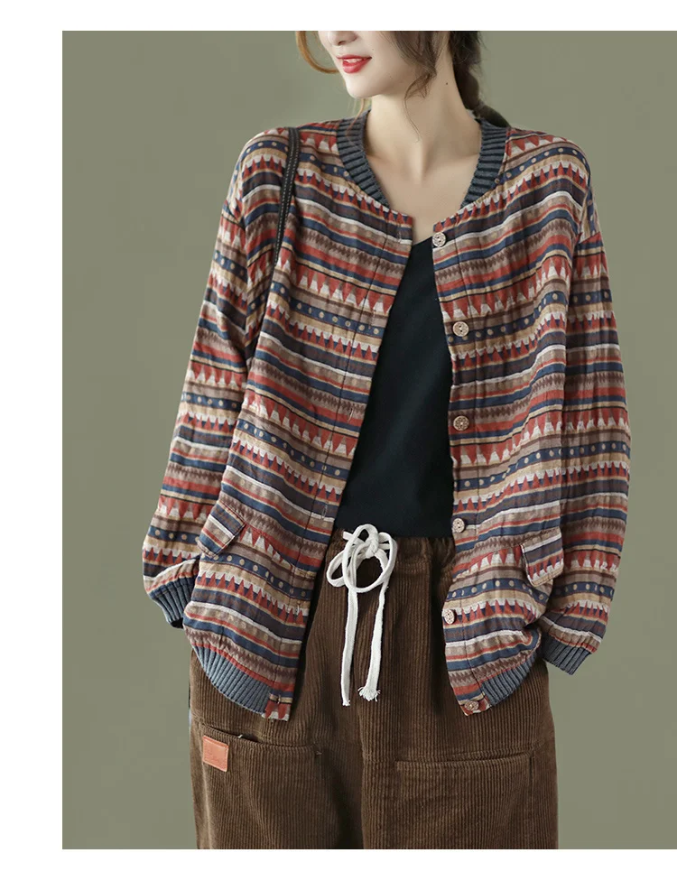 Amax LuluE 2025 Summer Womens Striped Jackets Japan Style Linen Printed Coats Ladies Vintage Loose Clothes Buttons Basic Jacket
