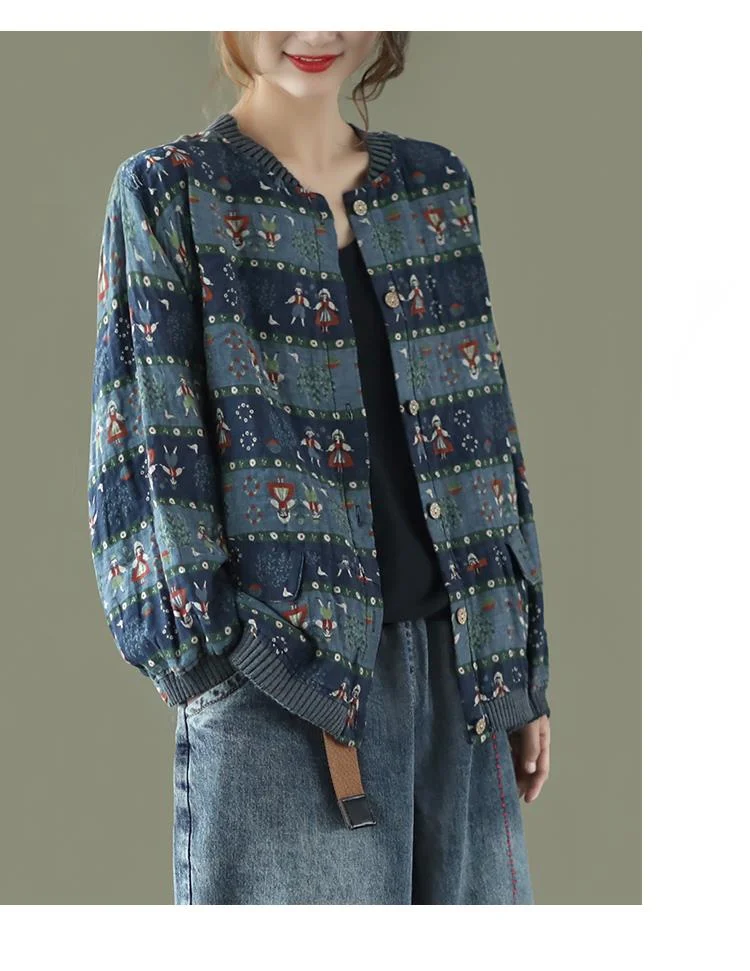 Amax LuluE 2025 Summer Womens Striped Jackets Japan Style Linen Printed Coats Ladies Vintage Loose Clothes Buttons Basic Jacket