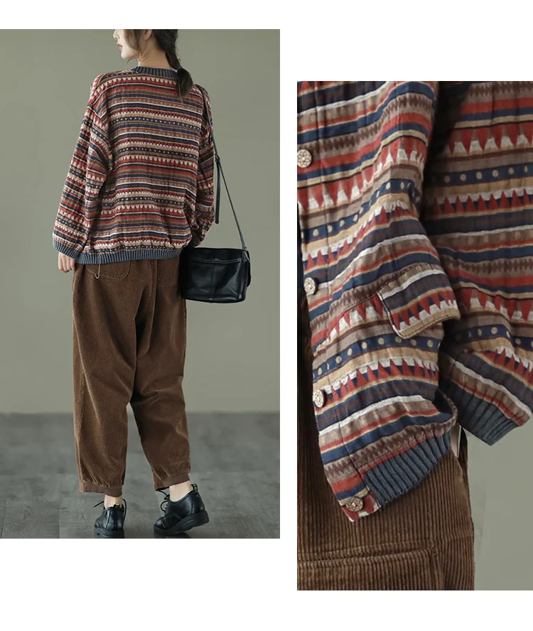 Amax LuluE 2025 Summer Womens Striped Jackets Japan Style Linen Printed Coats Ladies Vintage Loose Clothes Buttons Basic Jacket