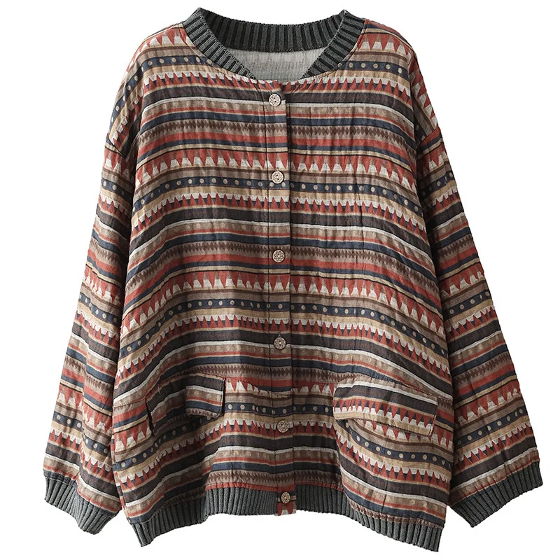 Amax LuluE 2025 Summer Womens Striped Jackets Japan Style Linen Printed Coats Ladies Vintage Loose Clothes Buttons Basic Jacket
