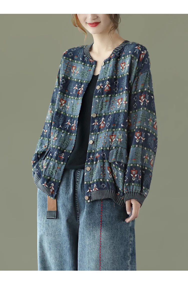 Amax LuluE 2025 Summer Womens Striped Jackets Japan Style Linen Printed Coats Ladies Vintage Loose Clothes Buttons Basic Jacket