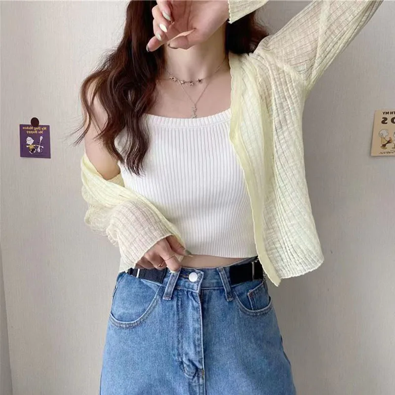 Lucyever White Sun Protection Cardigan Women Summer Thin Single Button Knitted Coat Female Sexy See Through Ice Silk Crop Tops