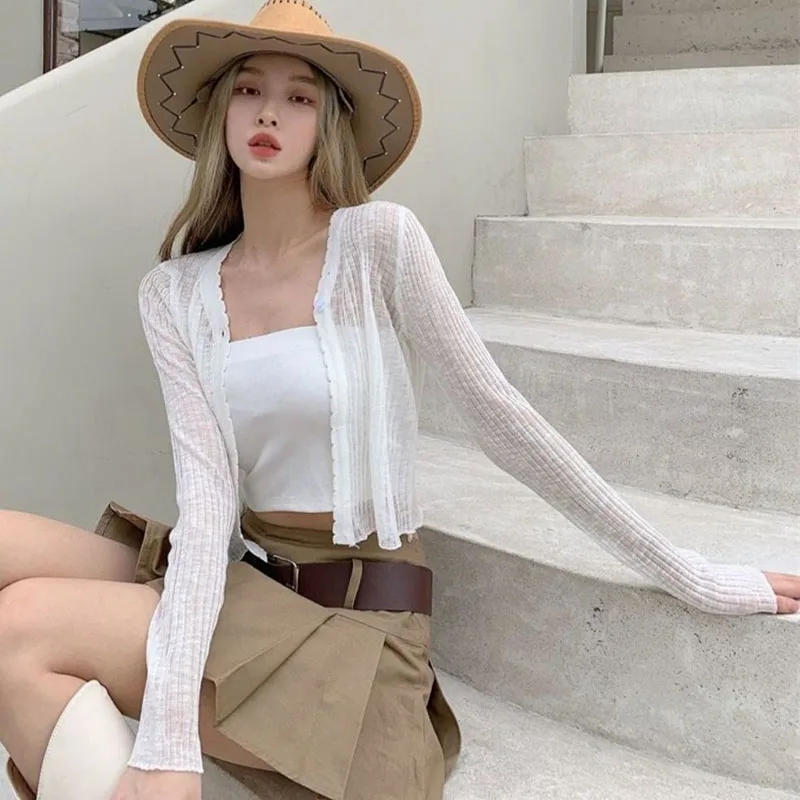 Lucyever White Sun Protection Cardigan Women Summer Thin Single Button Knitted Coat Female Sexy See Through Ice Silk Crop Tops