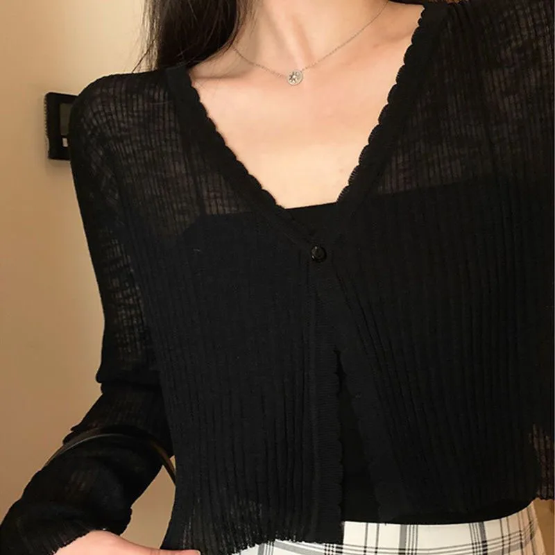 Lucyever White Sun Protection Cardigan Women Summer Thin Single Button Knitted Coat Female Sexy See Through Ice Silk Crop Tops