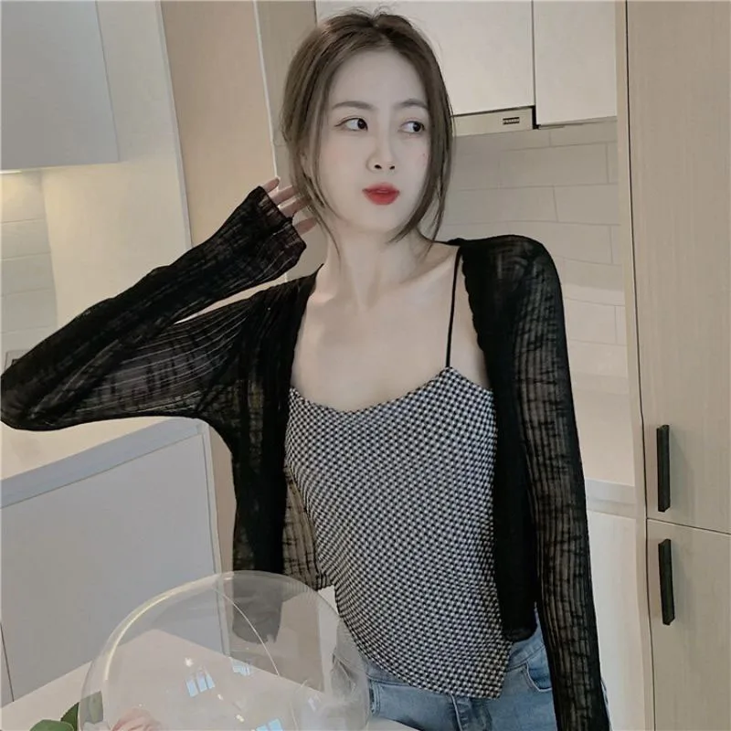 Lucyever White Sun Protection Cardigan Women Summer Thin Single Button Knitted Coat Female Sexy See Through Ice Silk Crop Tops