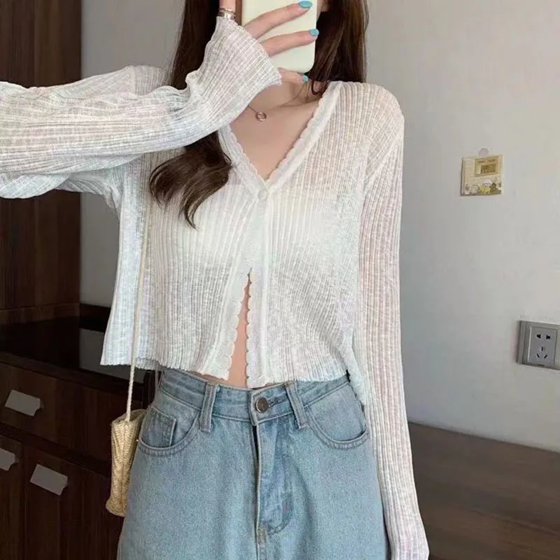 Lucyever White Sun Protection Cardigan Women Summer Thin Single Button Knitted Coat Female Sexy See Through Ice Silk Crop Tops