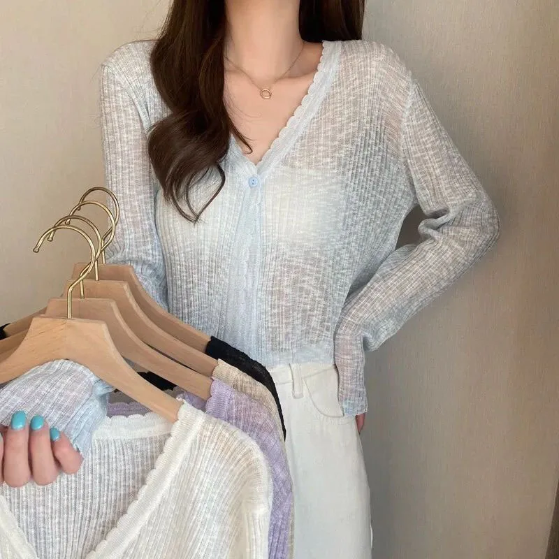 Lucyever White Sun Protection Cardigan Women Summer Thin Single Button Knitted Coat Female Sexy See Through Ice Silk Crop Tops