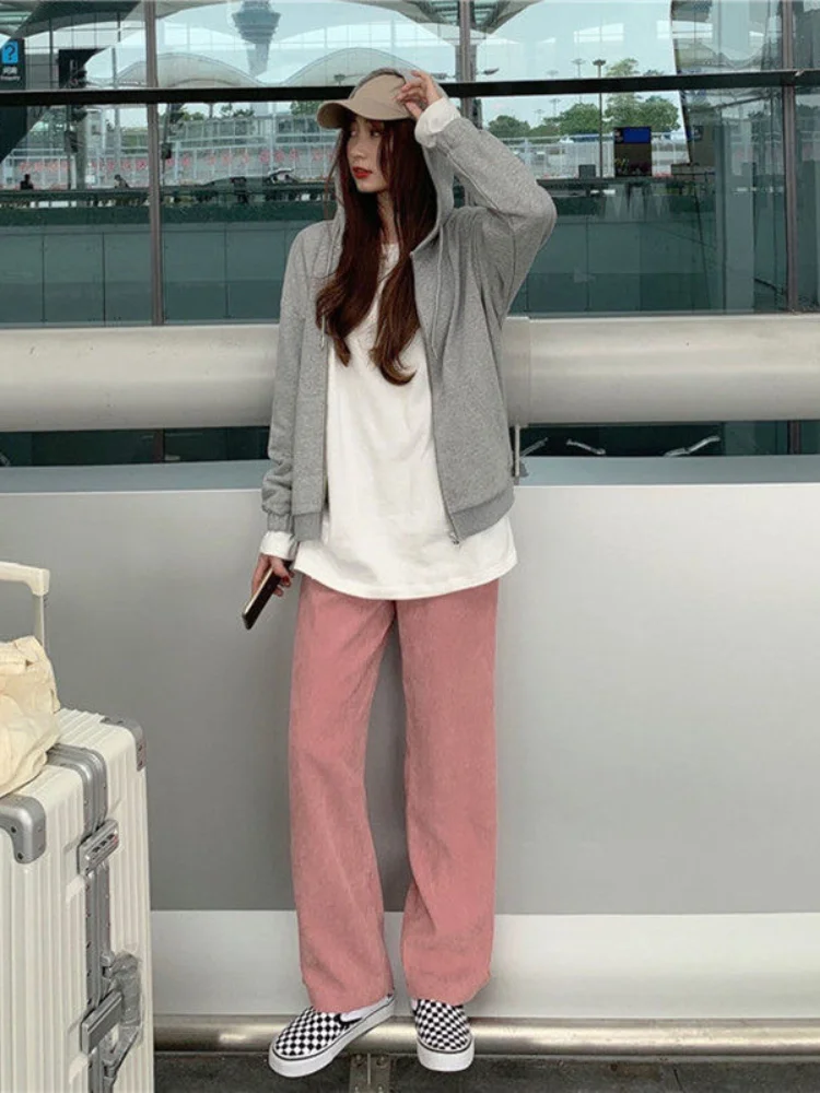 Spring and Autumn Pink Corduroy Pants Women Casual Wide-leg Sweatpants Female High Waist Straight Loose Super Hot Dropshipping
