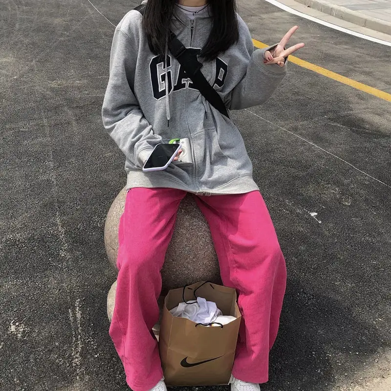 Spring and Autumn Pink Corduroy Pants Women Casual Wide-leg Sweatpants Female High Waist Straight Loose Super Hot Dropshipping
