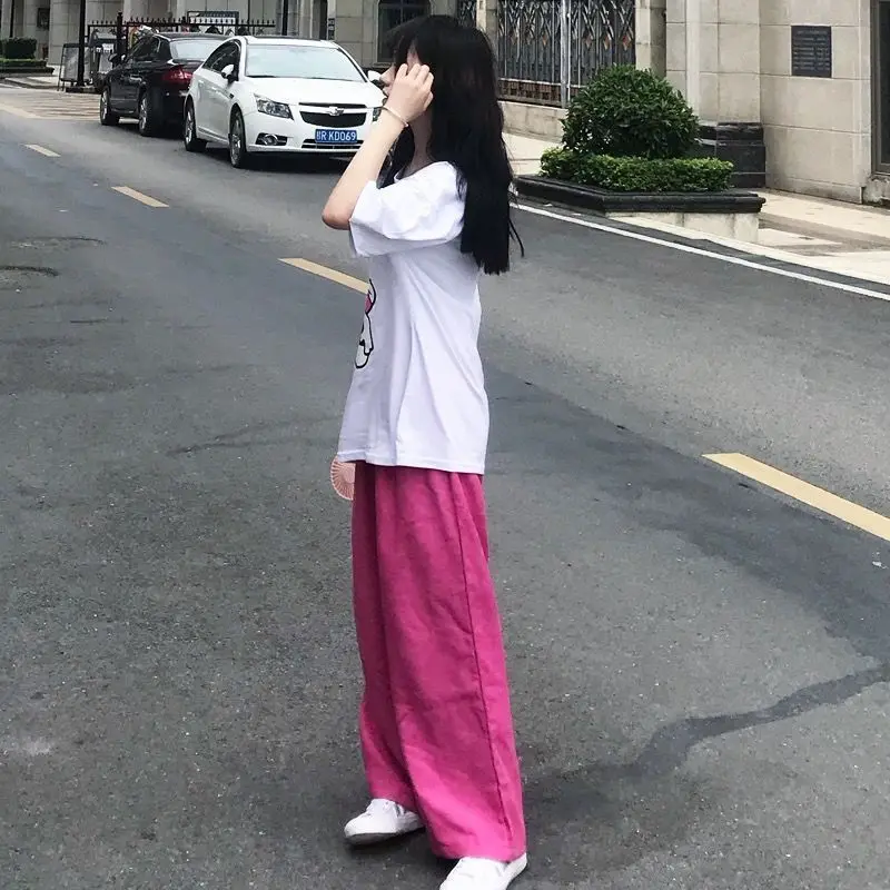 Spring and Autumn Pink Corduroy Pants Women Casual Wide-leg Sweatpants Female High Waist Straight Loose Super Hot Dropshipping