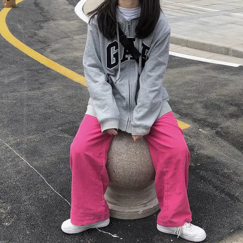 Spring and Autumn Pink Corduroy Pants Women Casual Wide-leg Sweatpants Female High Waist Straight Loose Super Hot Dropshipping