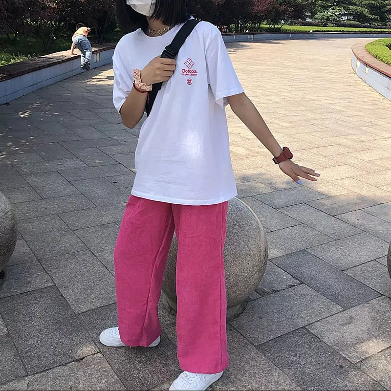 Spring and Autumn Pink Corduroy Pants Women Casual Wide-leg Sweatpants Female High Waist Straight Loose Super Hot Dropshipping