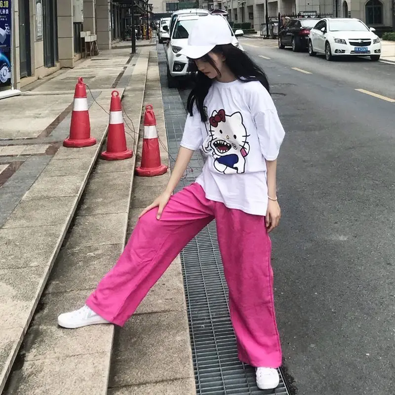 Spring and Autumn Pink Corduroy Pants Women Casual Wide-leg Sweatpants Female High Waist Straight Loose Super Hot Dropshipping