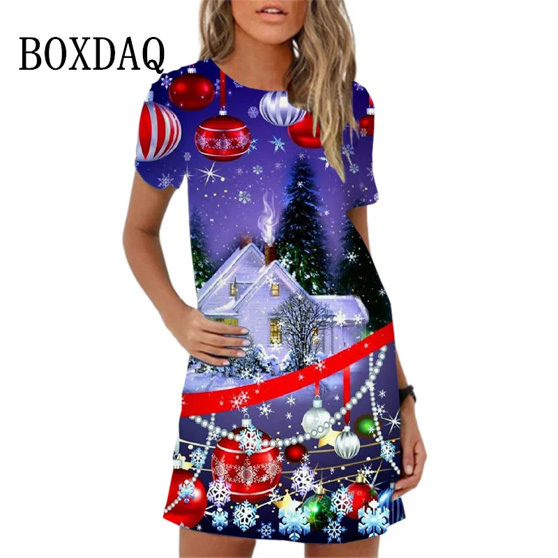 Cute Christmas Red Snowman Print Women Dress Summer Sundres Ladies Mini Dress Colored Christmas Tree Snowman Casual A-Line Dress