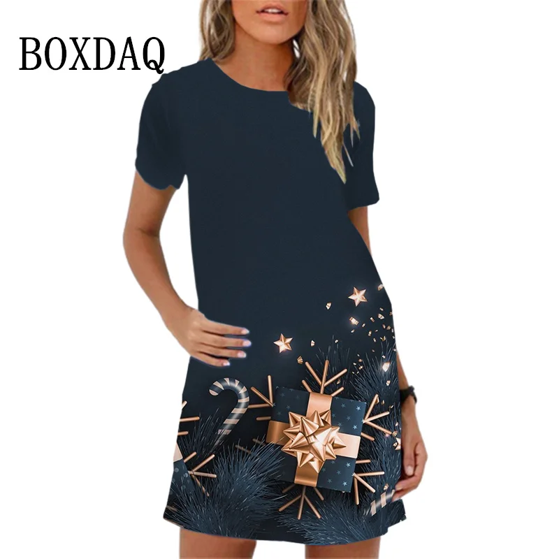 Cute Christmas Red Snowman Print Women Dress Summer Sundres Ladies Mini Dress Colored Christmas Tree Snowman Casual A-Line Dress