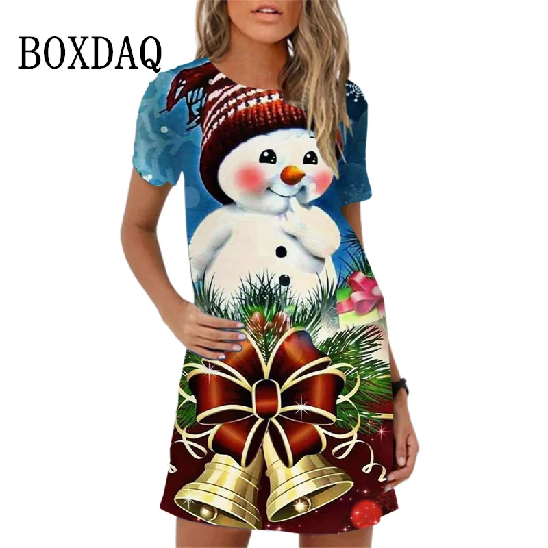 Cute Christmas Red Snowman Print Women Dress Summer Sundres Ladies Mini Dress Colored Christmas Tree Snowman Casual A-Line Dress