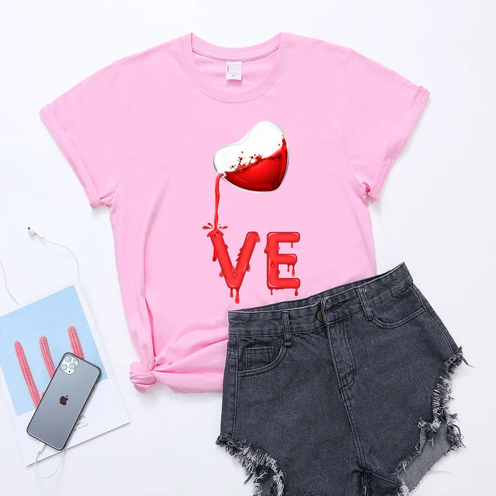 King Queen Couples T Shirt Pour Heart Print Couple Tshirt Summer Fashion Woman T-shirt Casual O-Neck Tops Lovers Tee Shirt