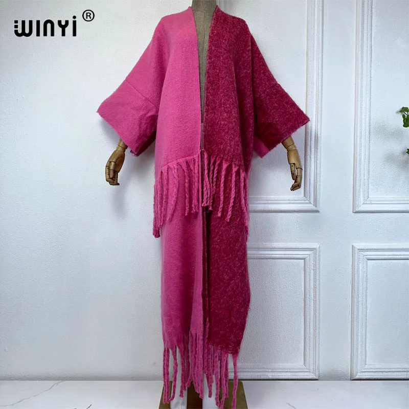 WINYI New Africa Winter Women Tassel Cardigan Coat Loose Christmas Dress Robe Longue Thick Warm Free Size Orange Printing Kaftan