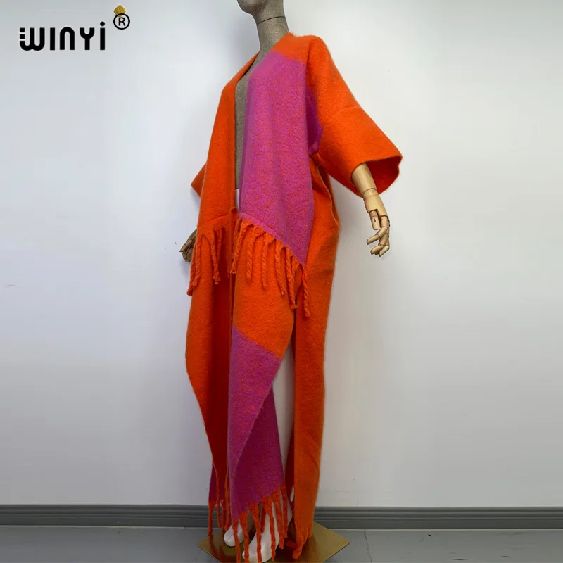 WINYI New Africa Winter Women Tassel Cardigan Coat Loose Christmas Dress Robe Longue Thick Warm Free Size Orange Printing Kaftan