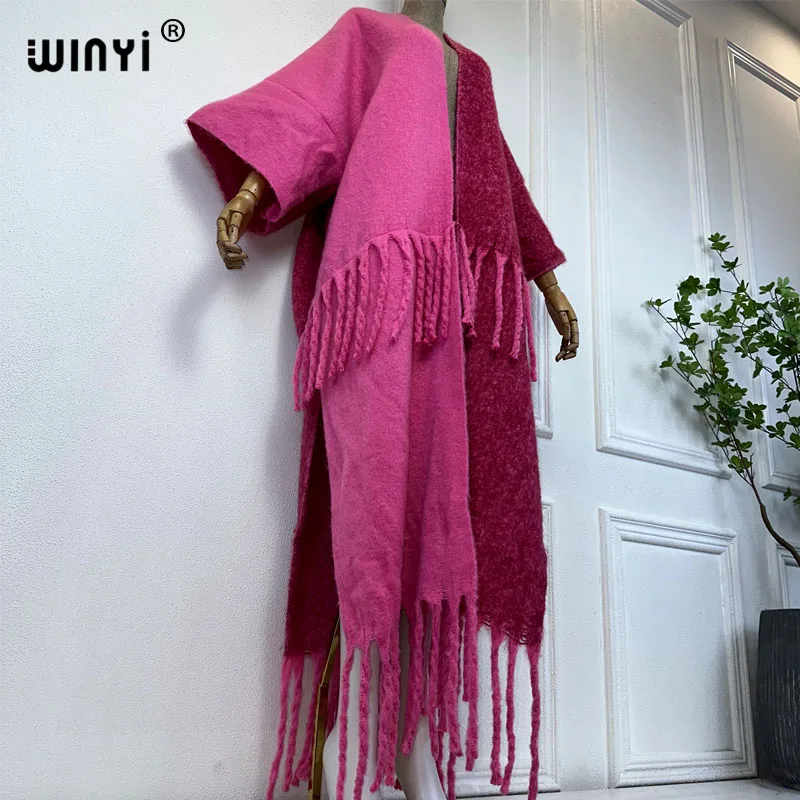 WINYI New Africa Winter Women Tassel Cardigan Coat Loose Christmas Dress Robe Longue Thick Warm Free Size Orange Printing Kaftan