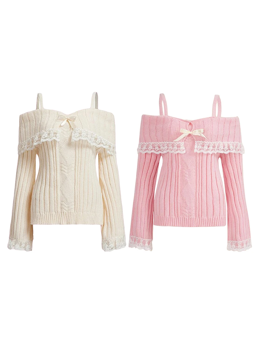 Women Long Sleeve Contrast Lace Knit Pullovers Autumn Winter Cold Shoulder Sweaters Bow Front Jumper Tops Beige/Pink