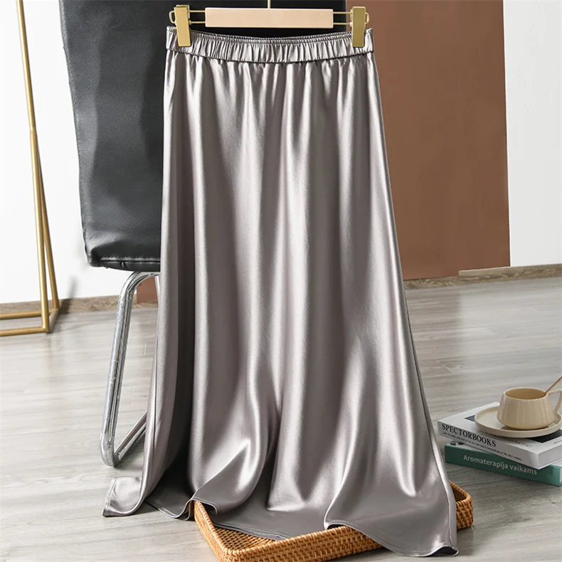 Elegant Glossy Acetic Acid Satin Skirt for Women Mid-Length Slim A-Line Maternity Style Spring Autumn New 6XL Sizes Available