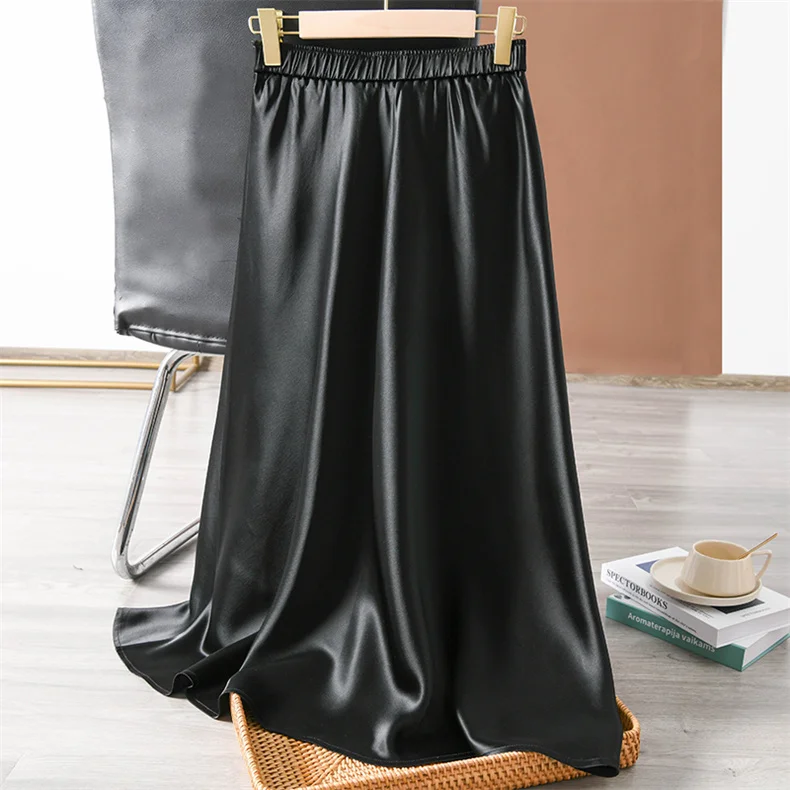 Elegant Glossy Acetic Acid Satin Skirt for Women Mid-Length Slim A-Line Maternity Style Spring Autumn New 6XL Sizes Available