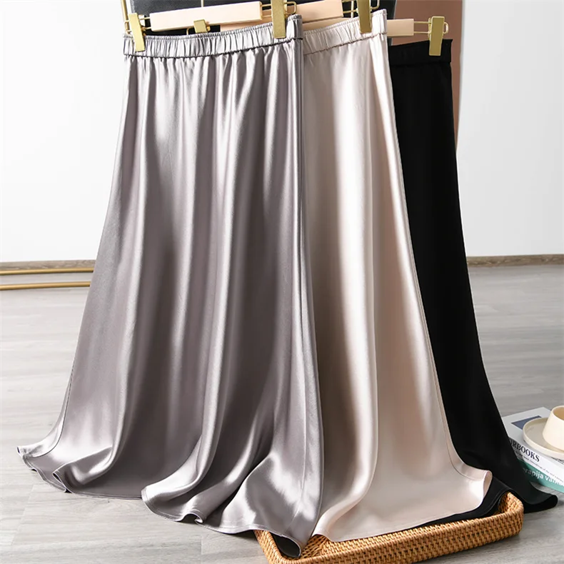 Elegant Glossy Acetic Acid Satin Skirt for Women Mid-Length Slim A-Line Maternity Style Spring Autumn New 6XL Sizes Available