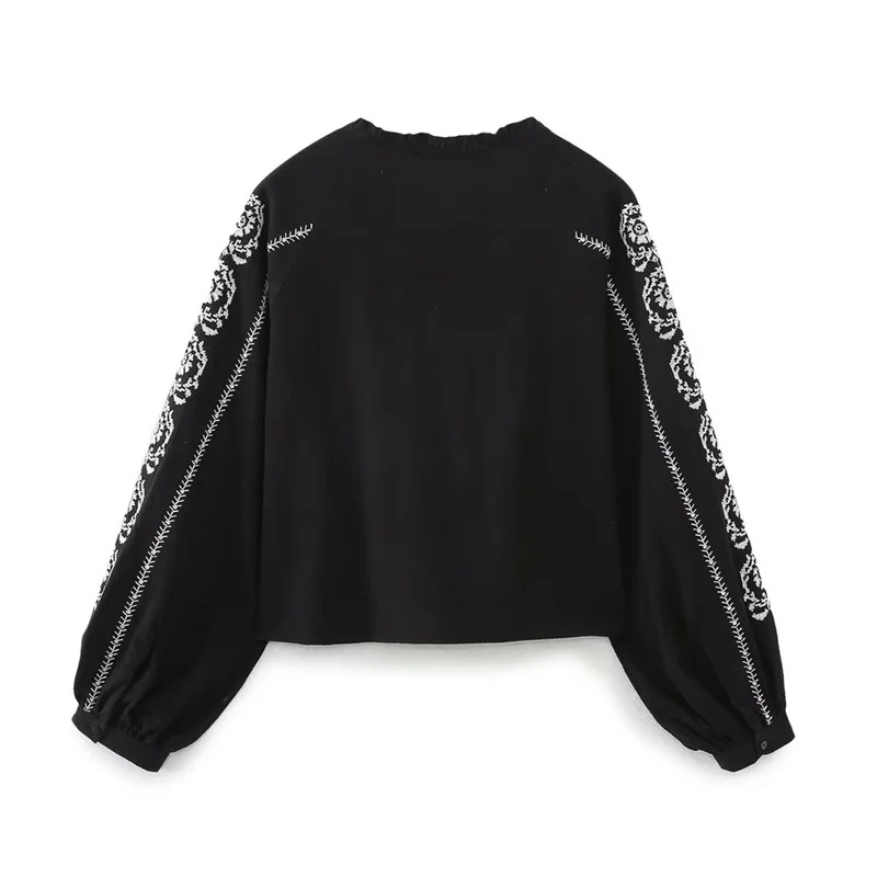KEYANKETIAN Spring New Ethnic Style Embroidered Lantern Sleeve Black Shirt Women's V-Neck Long-Sleeved Pullover Smock