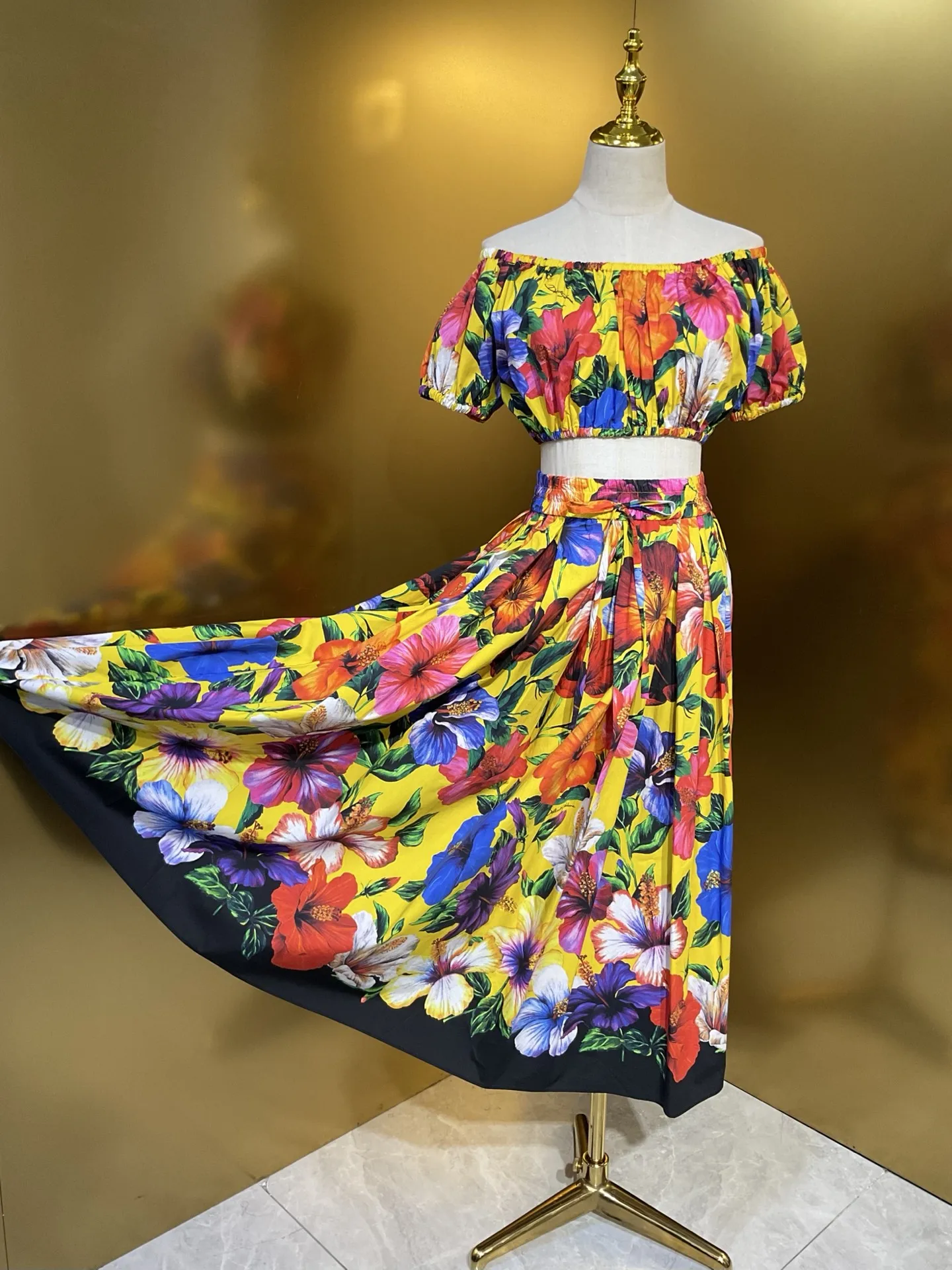 Luxury Designer Summer Women Floral Print 2 Piece Set High Quality Cotton Off-Shoulder Top & Maxi Skirt Fashion Vacation Outfit